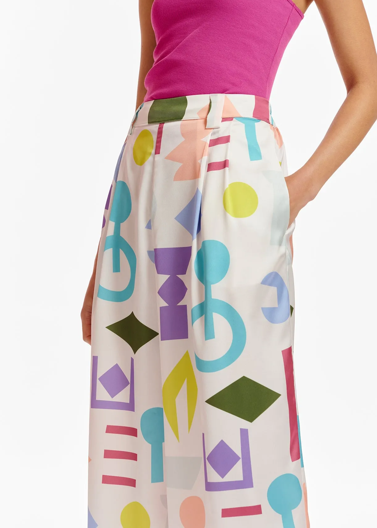 White abstract-printed wide-leg pants