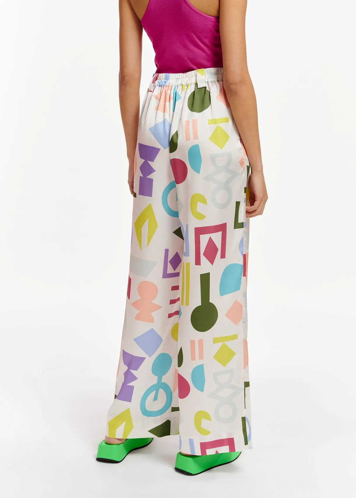White abstract-printed wide-leg pants