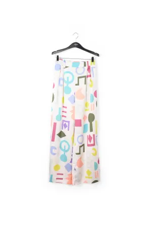 White abstract-printed wide-leg pants
