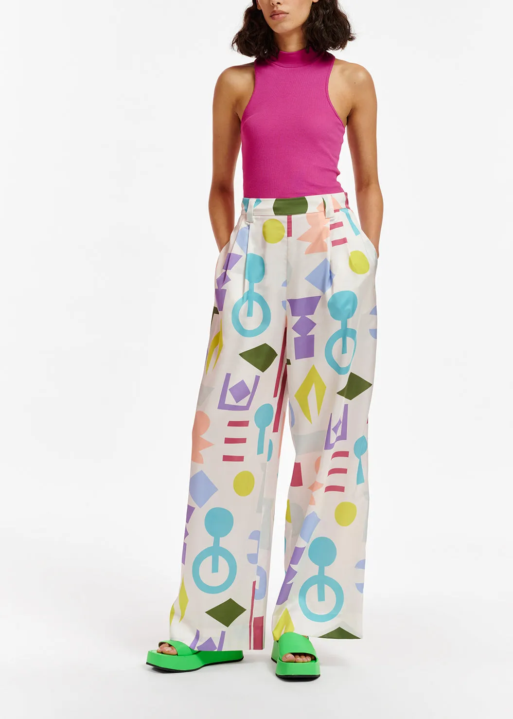 White abstract-printed wide-leg pants
