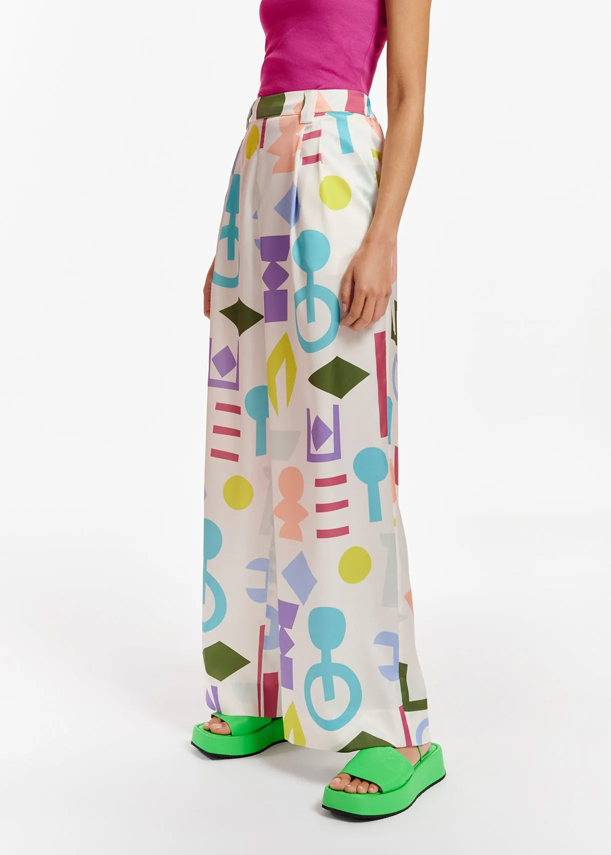 White abstract-printed wide-leg pants