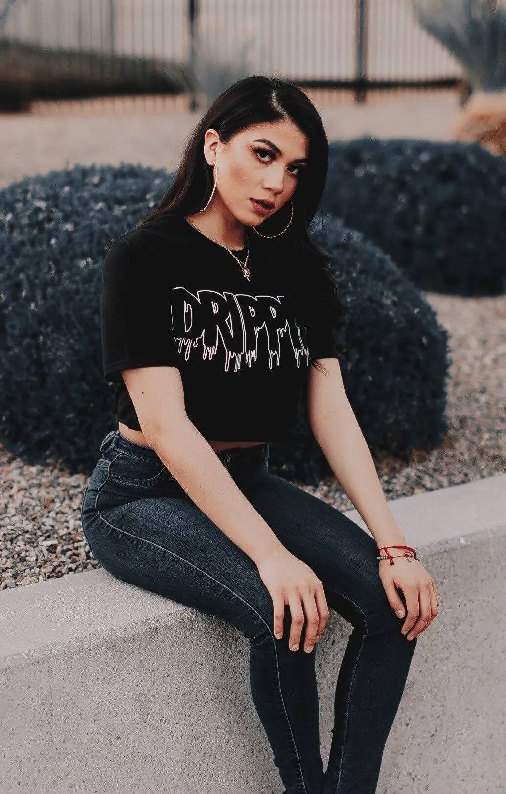 White Drippin Outline | Black Crop Top Tee