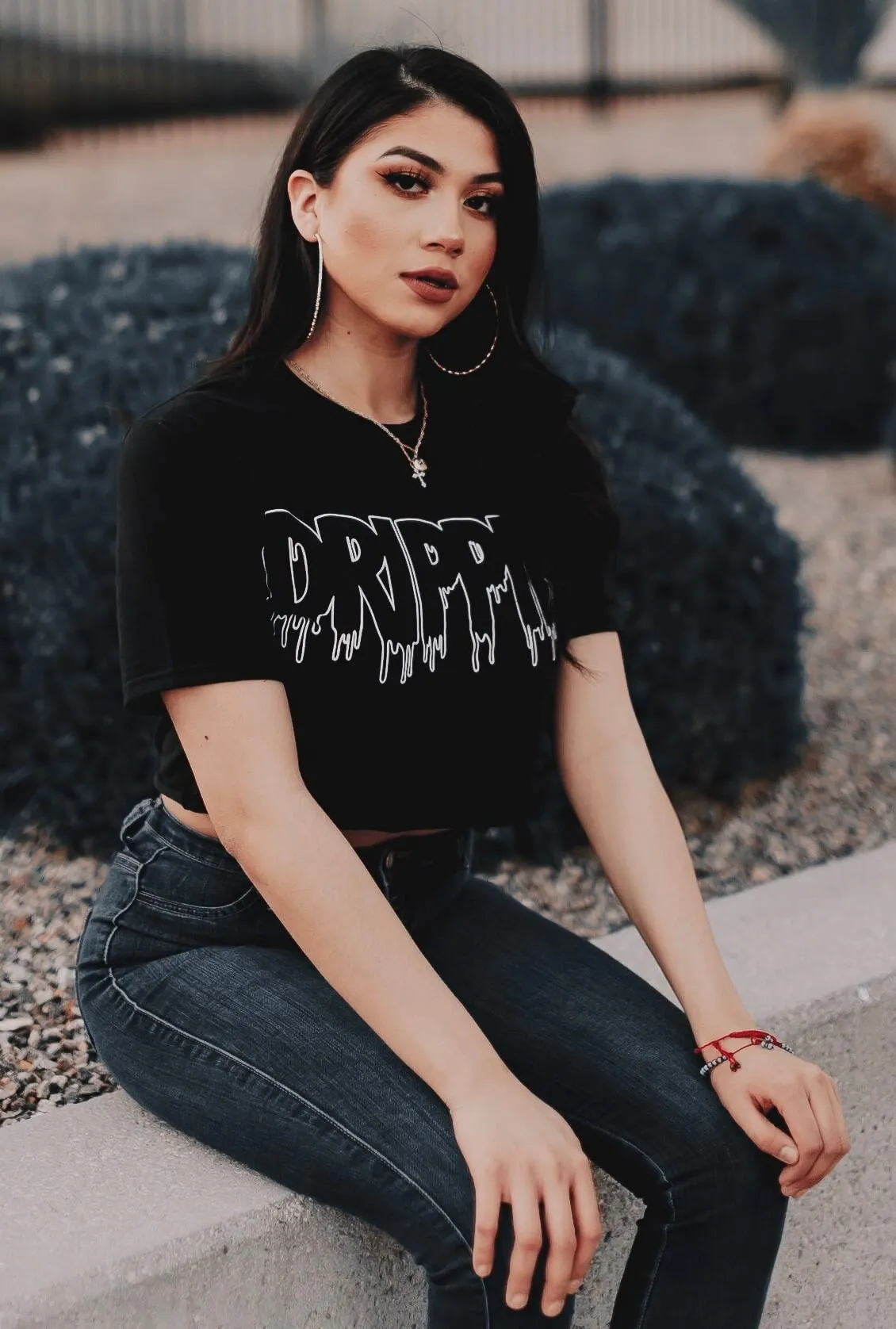 White Drippin Outline | Black Crop Top Tee