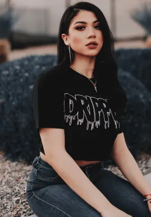 White Drippin Outline | Black Crop Top Tee