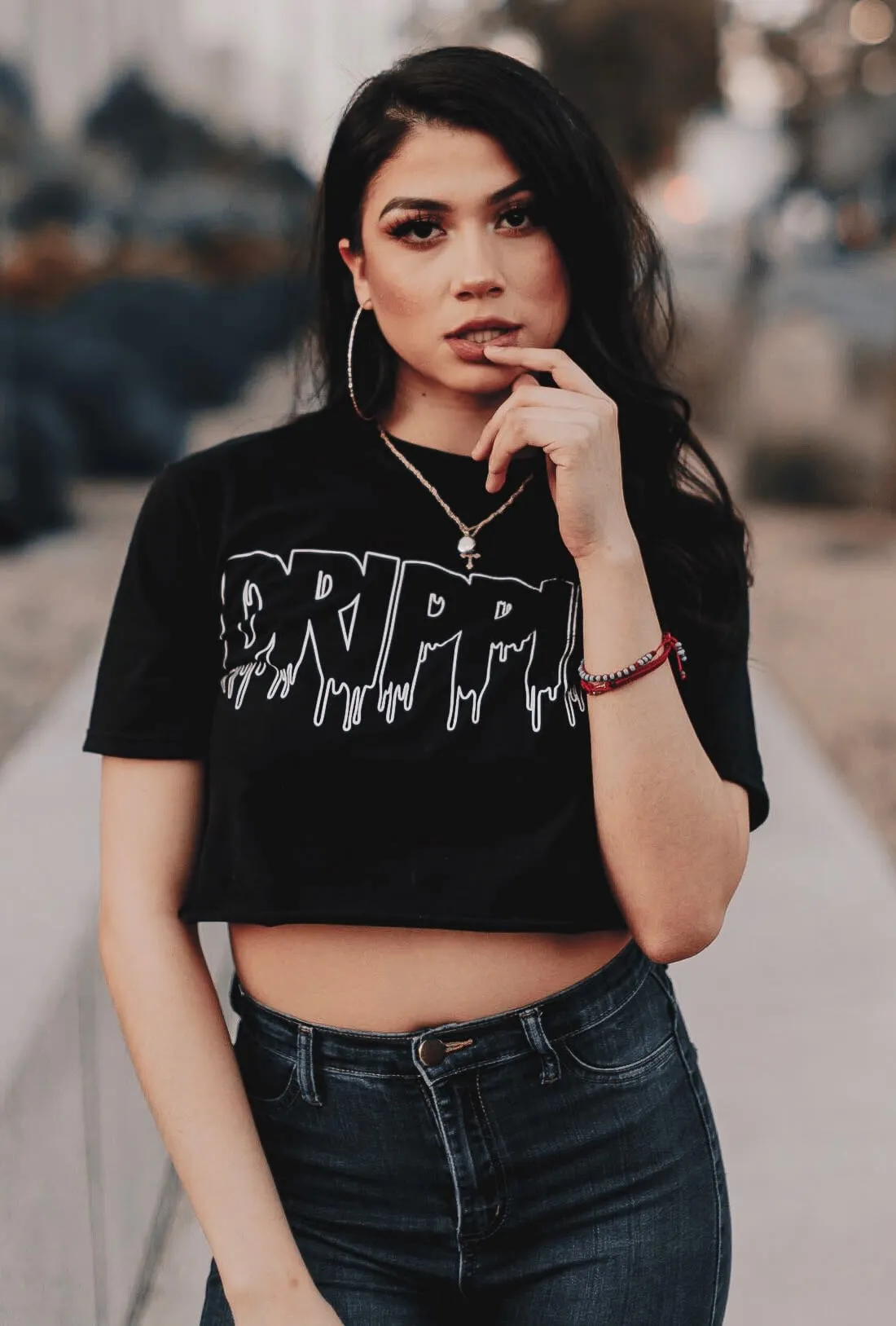 White Drippin Outline | Black Crop Top Tee