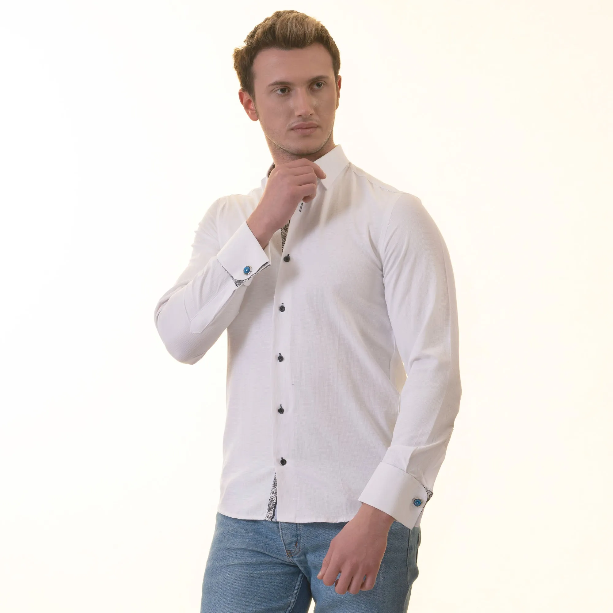 White inside Black Printed Double Cuff Shirt Mens Slim Fit Designer