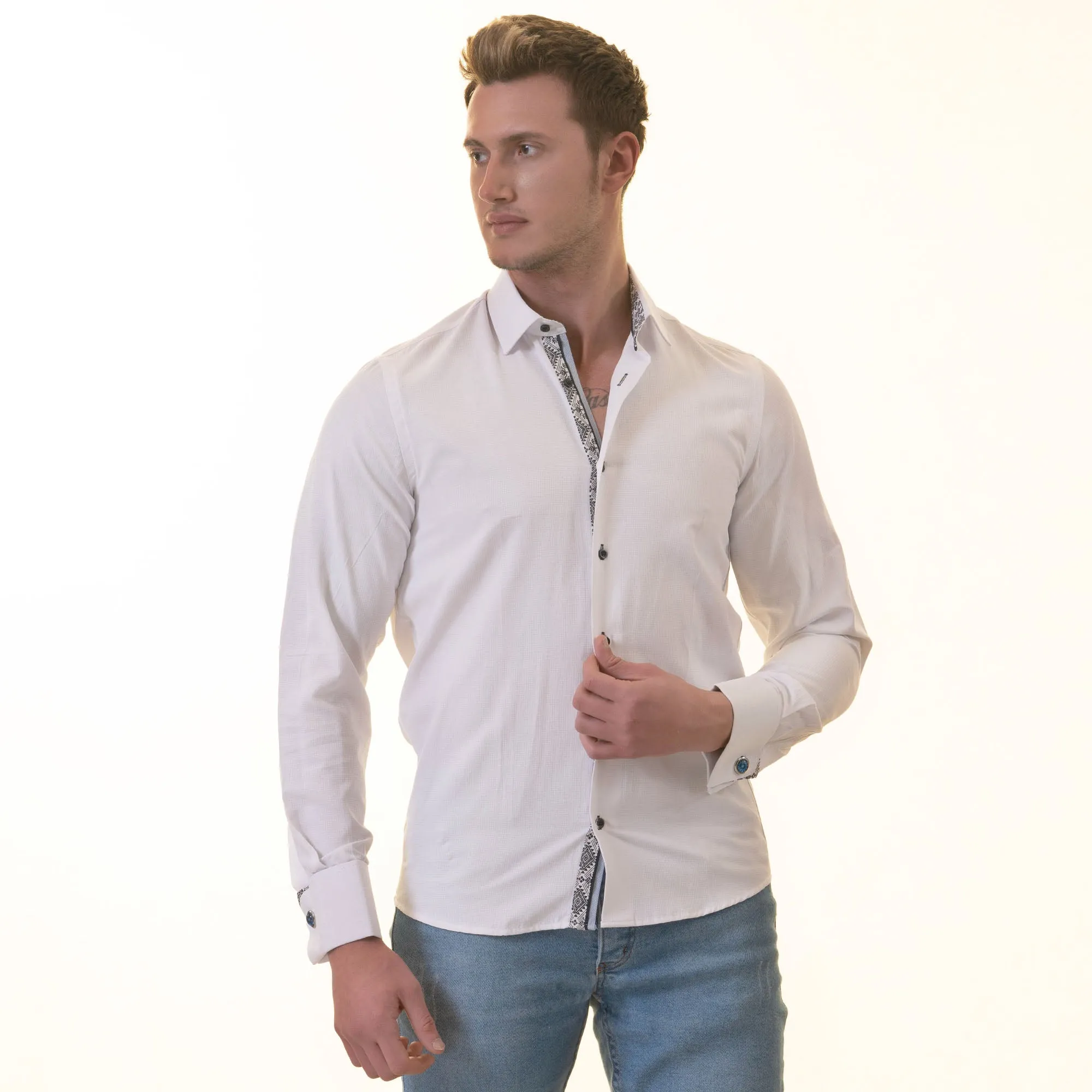 White inside Black Printed Double Cuff Shirt Mens Slim Fit Designer