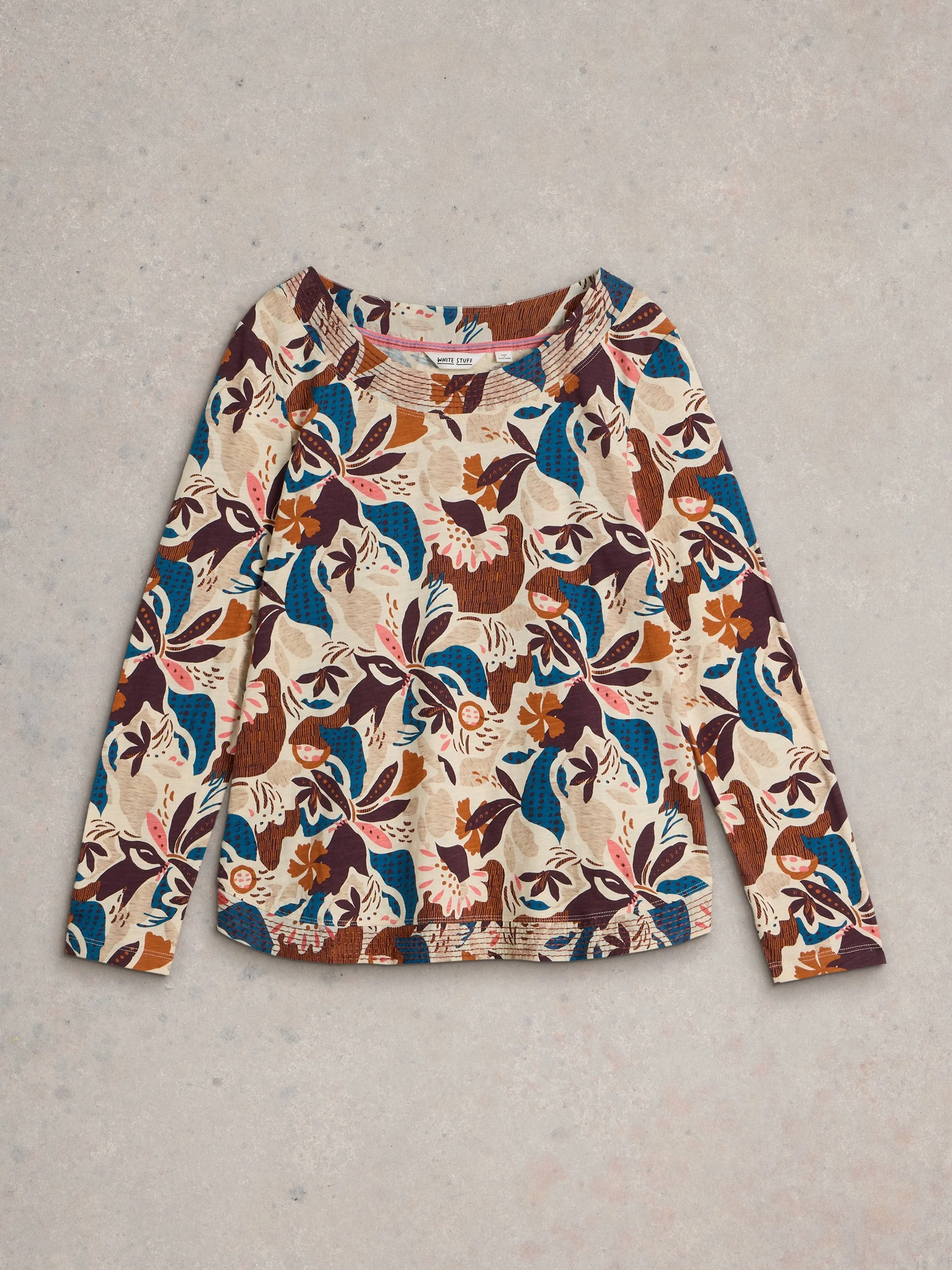 White Stuff UK Long Sleeve Weaver Tee Nat Print