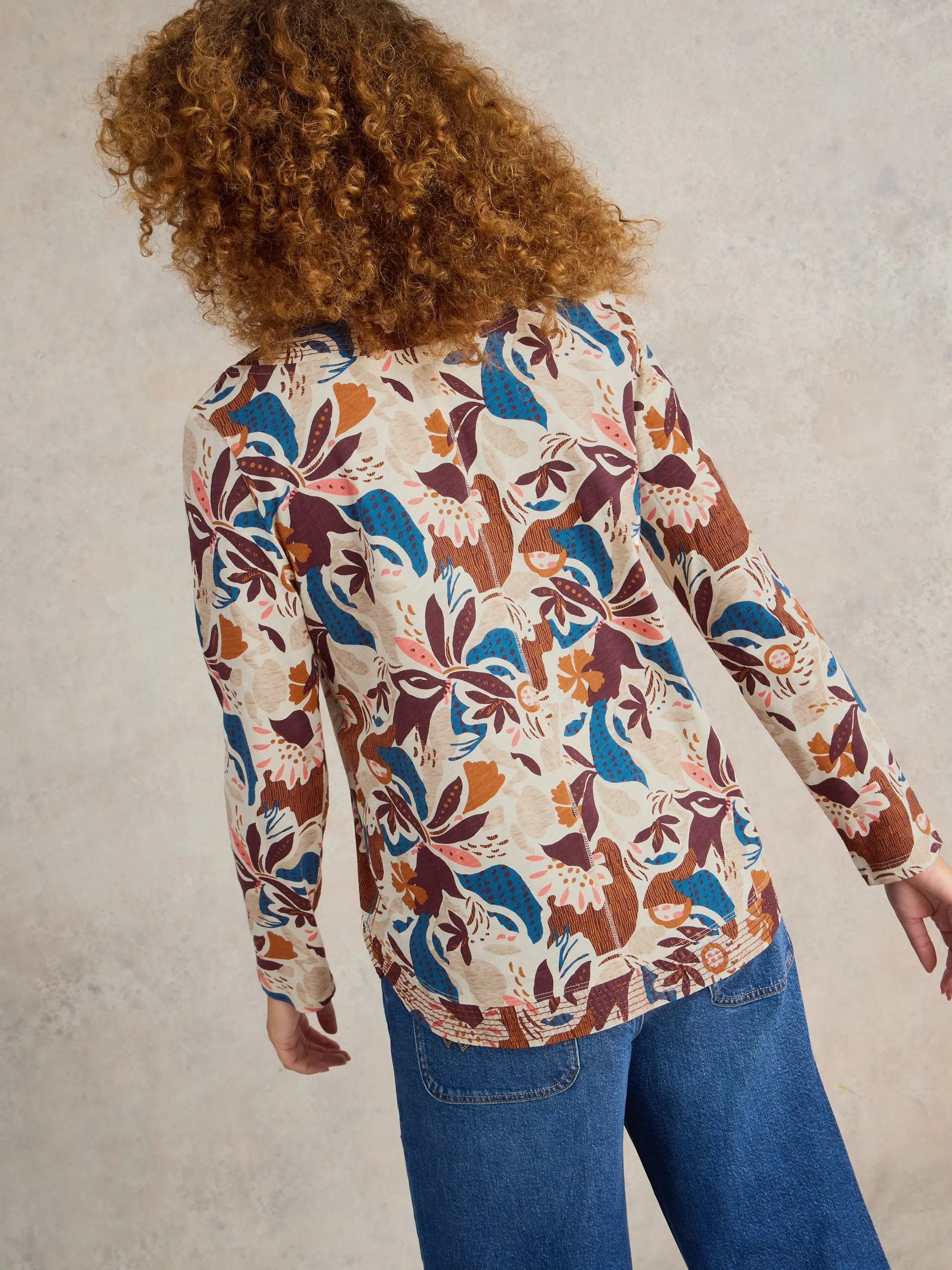 White Stuff UK Long Sleeve Weaver Tee Nat Print