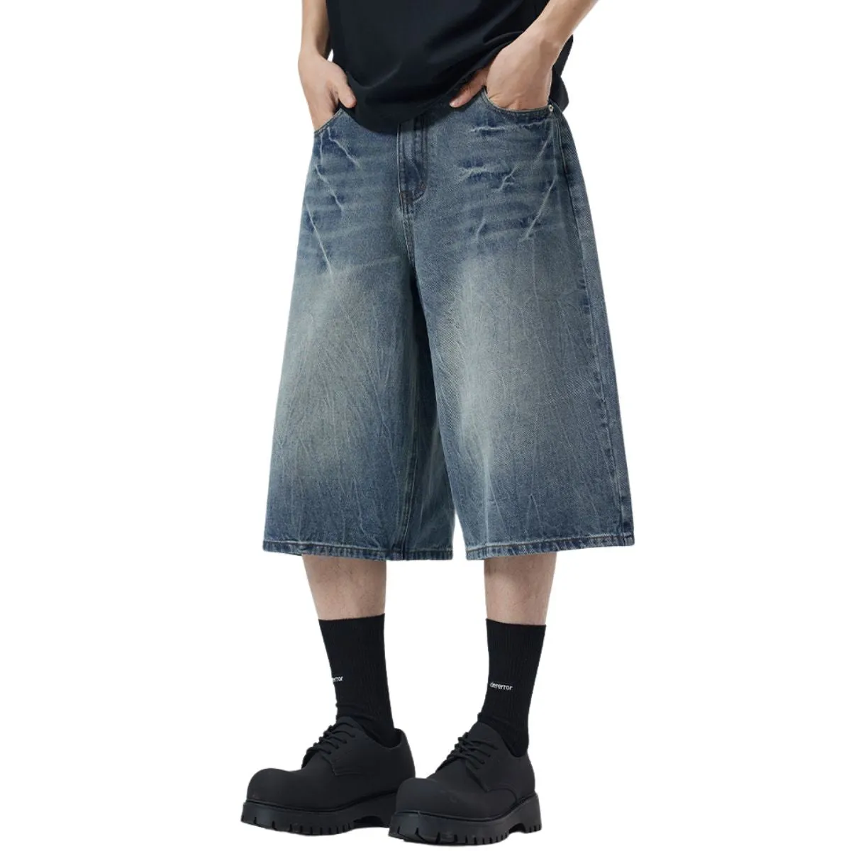 Wide-Leg Bermuda Washed Denim Shorts