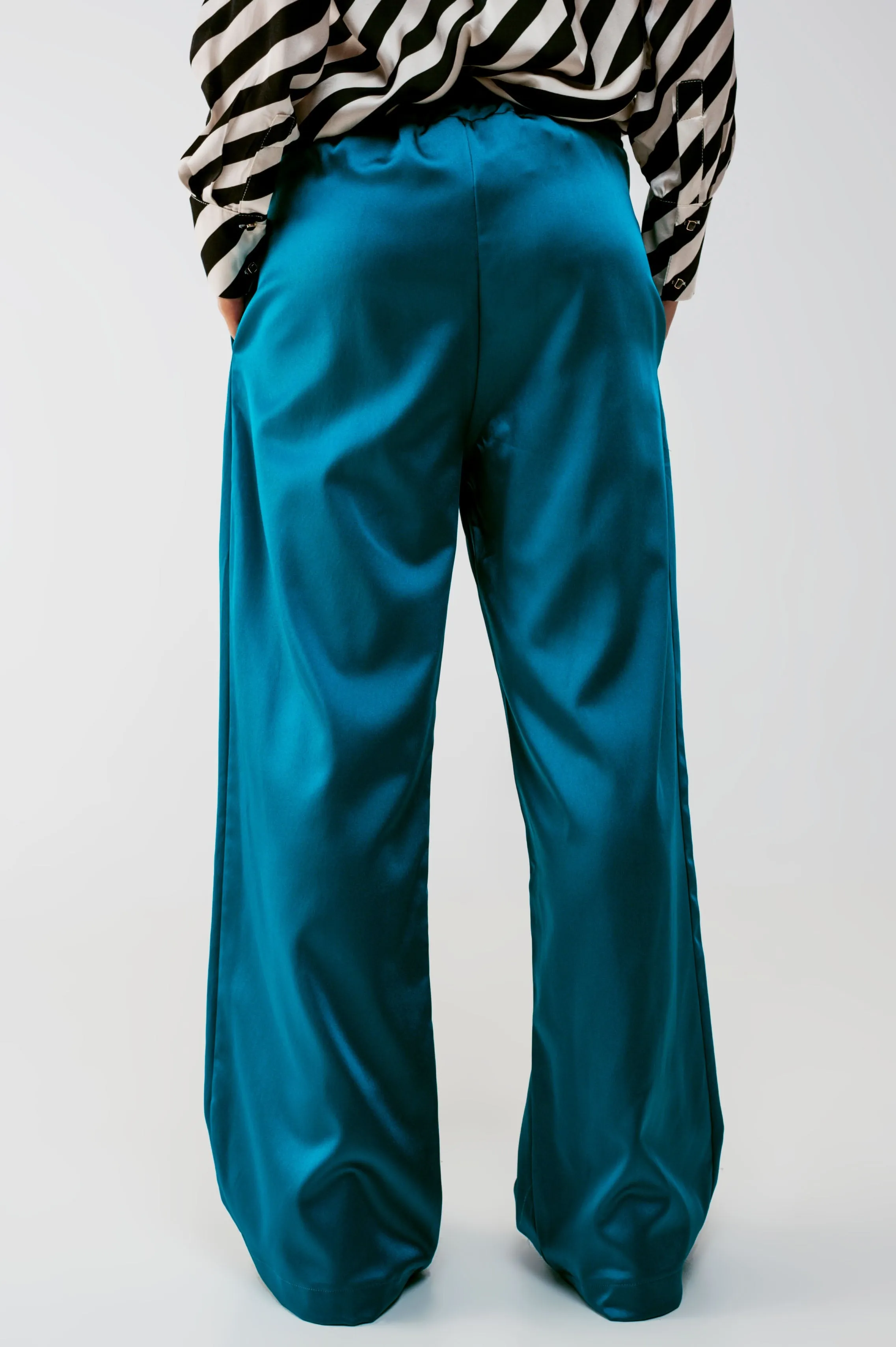 wide leg satin pants in blue