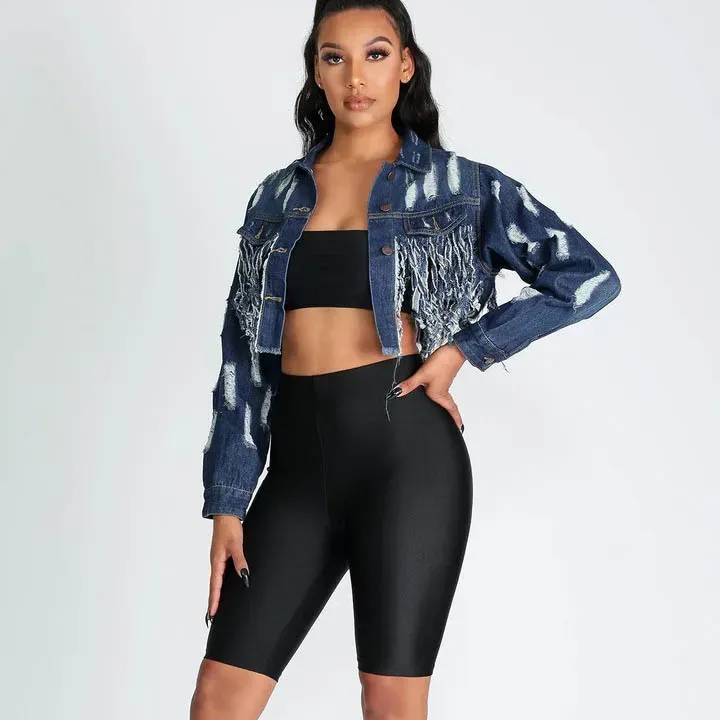 WildRush Distressed Long Sleeve Cropped Denim Jacket