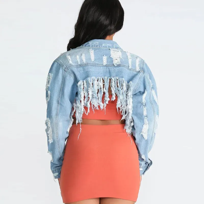 WildRush Distressed Long Sleeve Cropped Denim Jacket