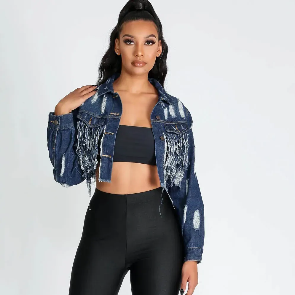WildRush Distressed Long Sleeve Cropped Denim Jacket