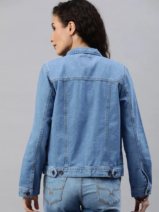 Women Blue Washed Denim Jacket