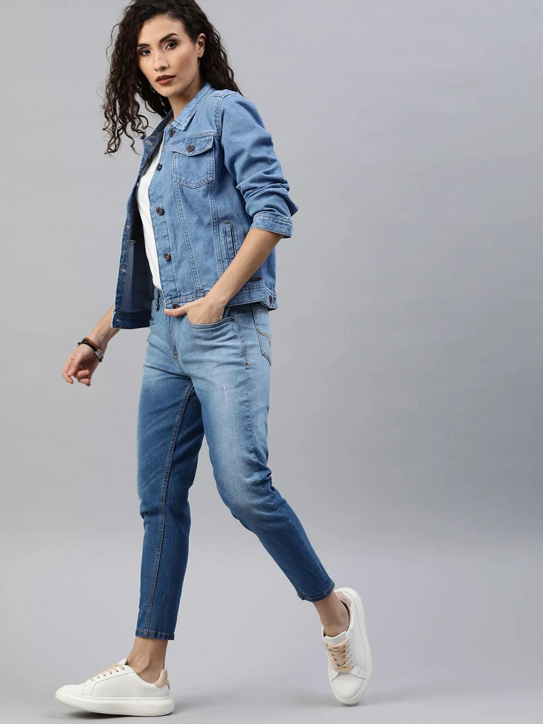 Women Blue Washed Denim Jacket