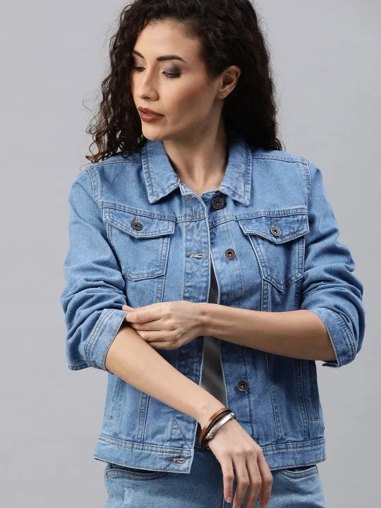 Women Blue Washed Denim Jacket