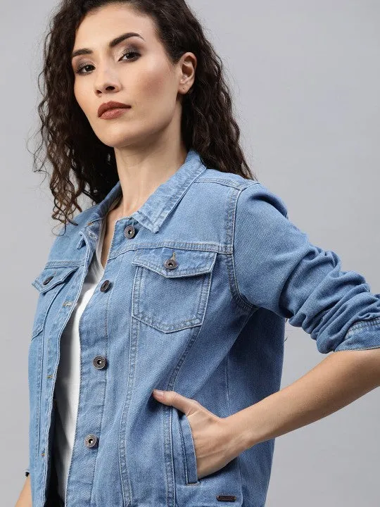 Women Blue Washed Denim Jacket