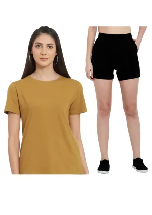 Women Bronze-Toned Organic Cotton T-shirt with Women's Patched Pocket Cotton modal spandex shorts