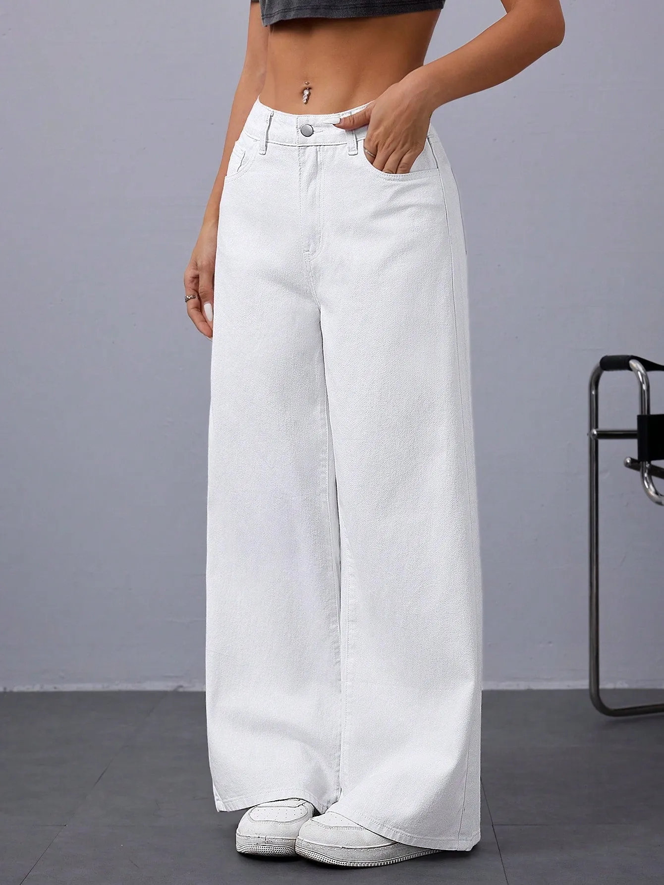 Women Casual Solid Color Loose Wide-Leg Denim Pants