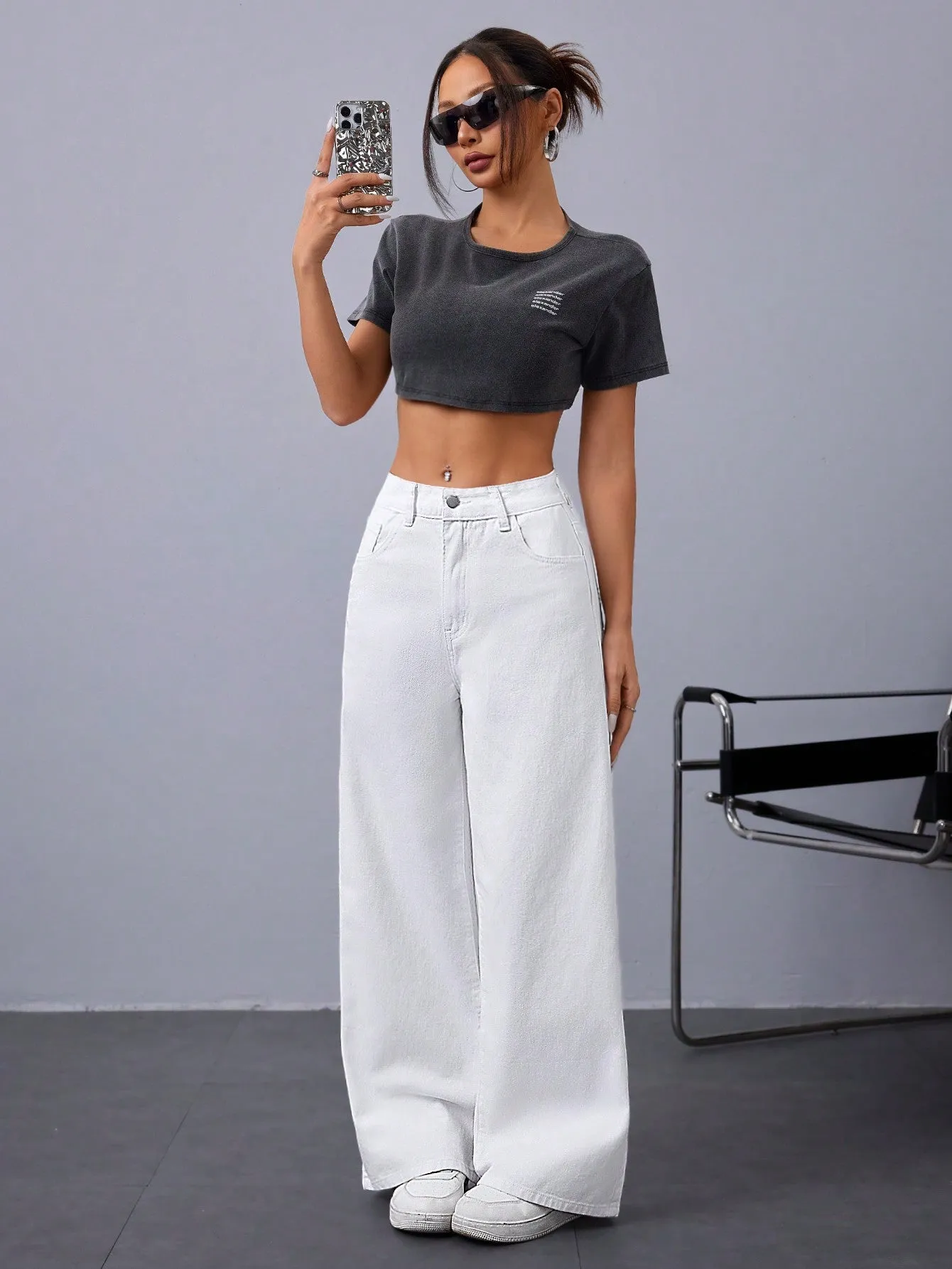 Women Casual Solid Color Loose Wide-Leg Denim Pants
