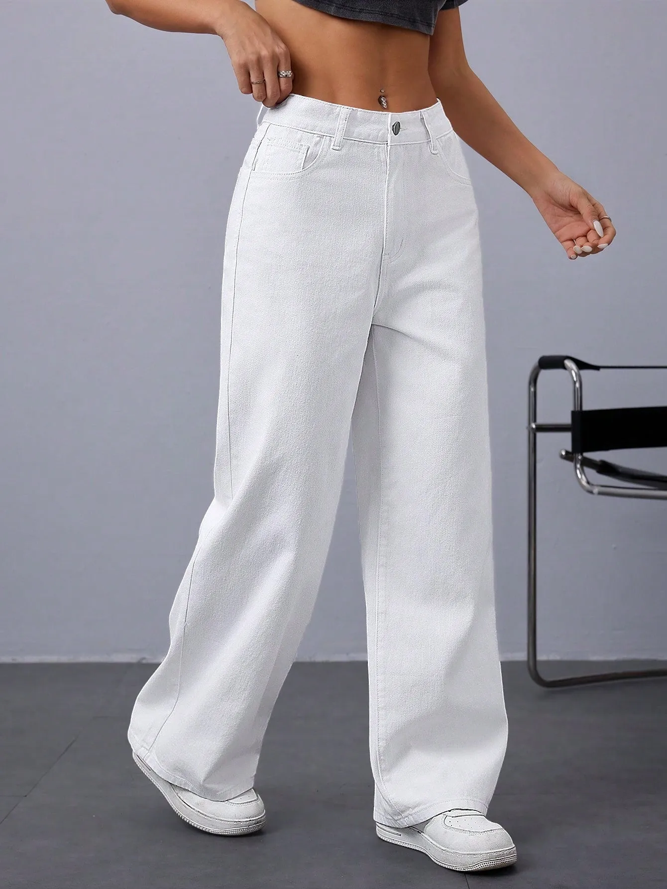 Women Casual Solid Color Loose Wide-Leg Denim Pants