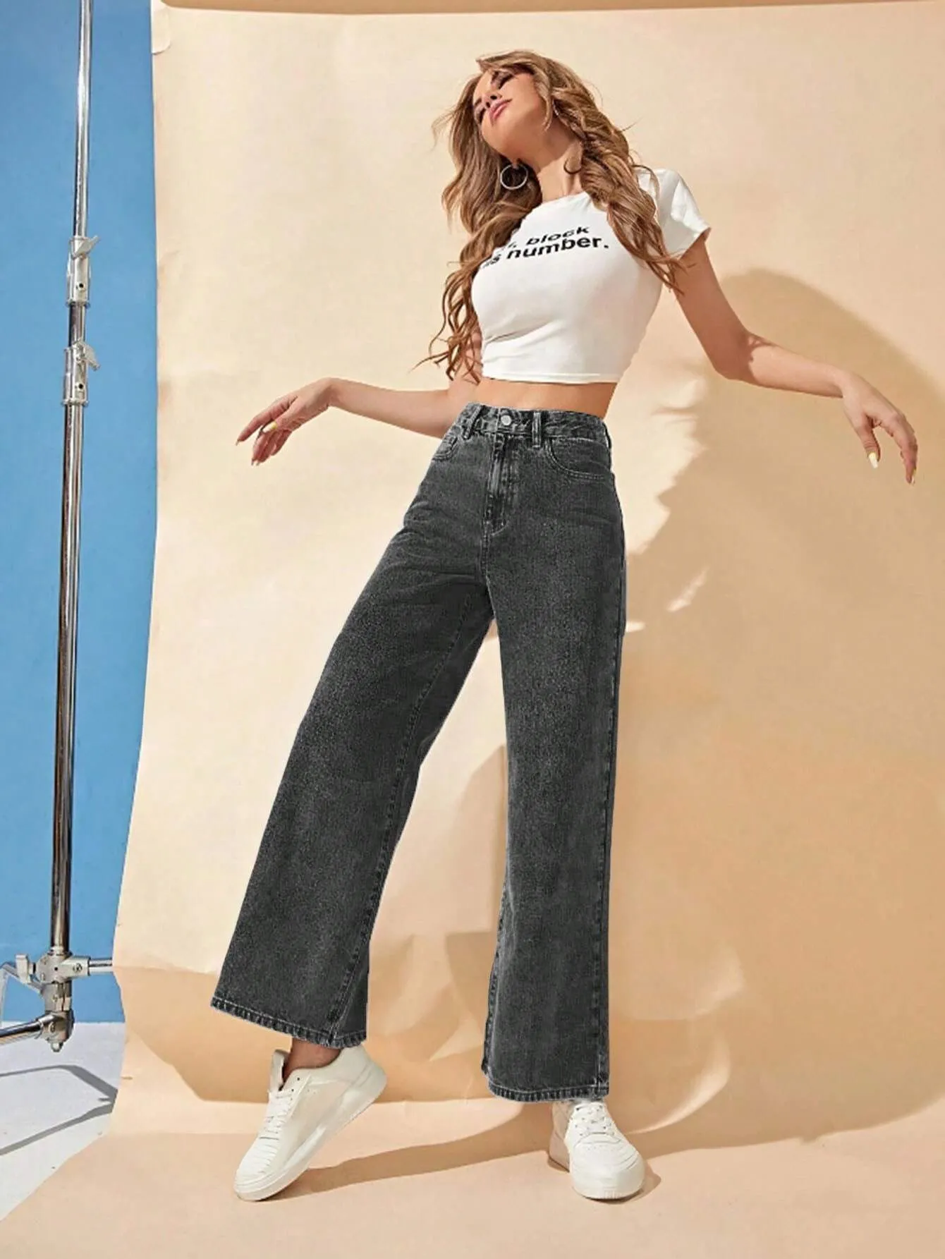 Women Casual Solid Color Loose Wide-Leg Denim Pants