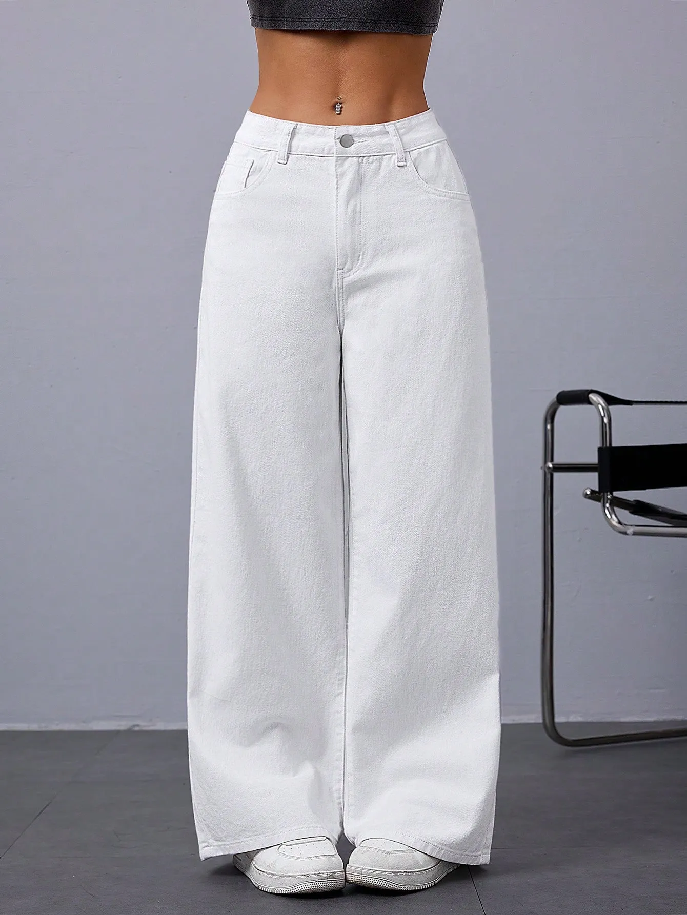 Women Casual Solid Color Loose Wide-Leg Denim Pants
