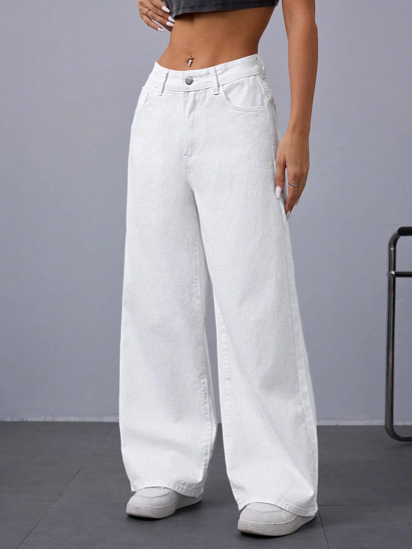 Women Casual Solid Color Loose Wide-Leg Denim Pants