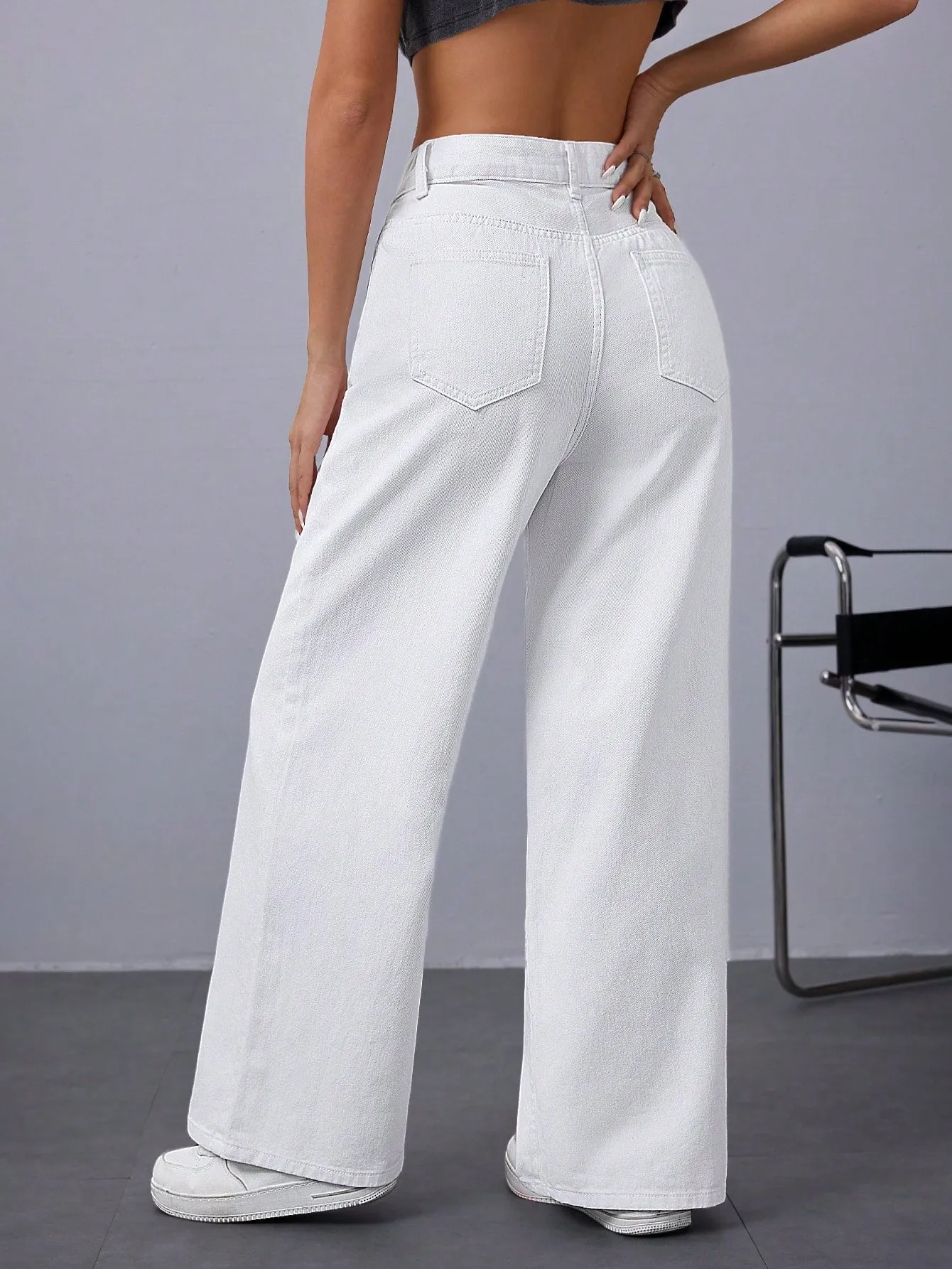Women Casual Solid Color Loose Wide-Leg Denim Pants