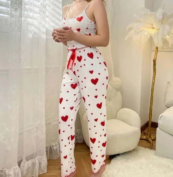 Women Heart Print Cami Tank Top And Long Pants Pajama Set White Set