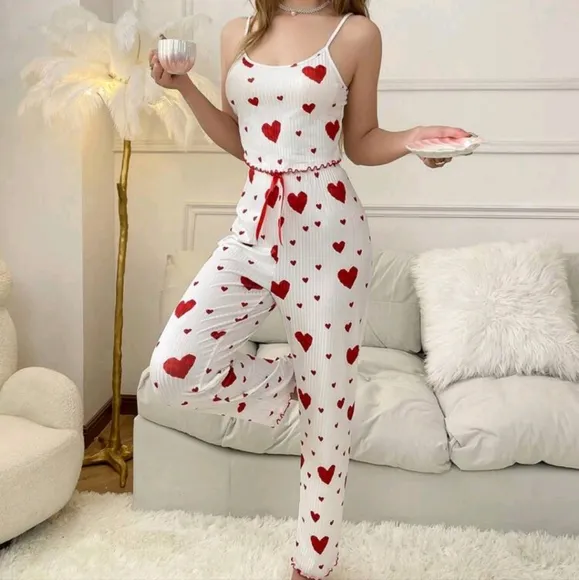 Women Heart Print Cami Tank Top And Long Pants Pajama Set White Set