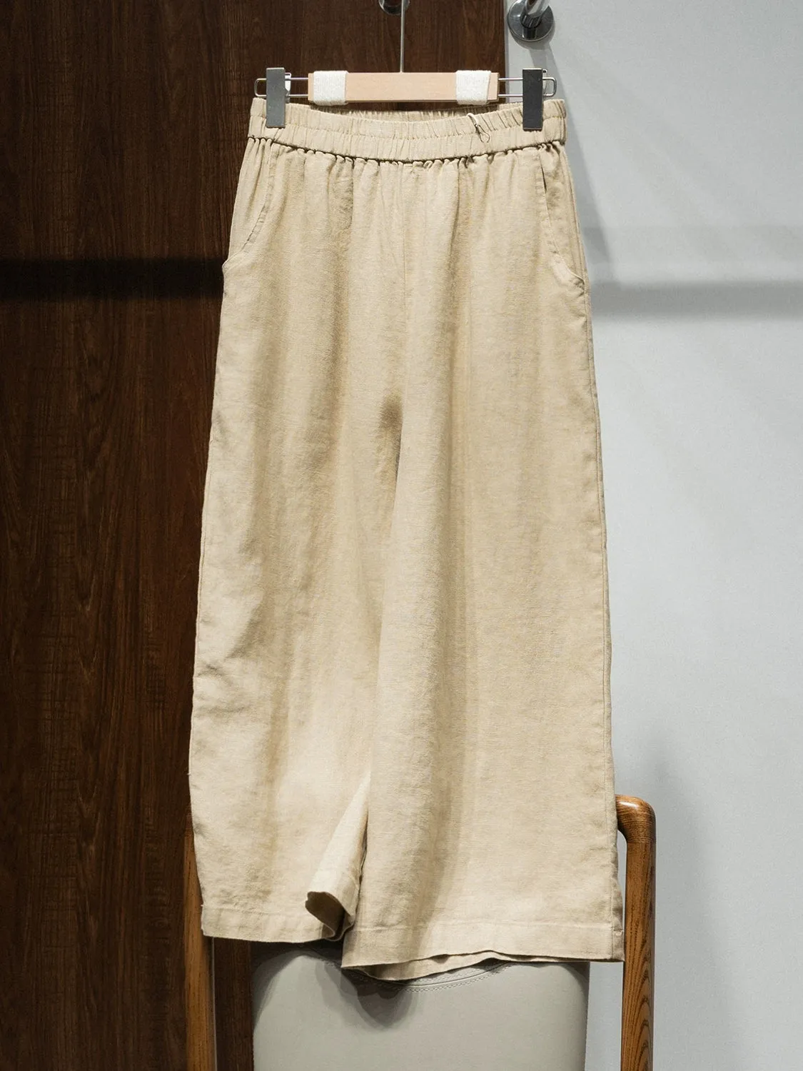 Women High Waist Linen Wide Leg Pants Loose Fit Cropped Trousers