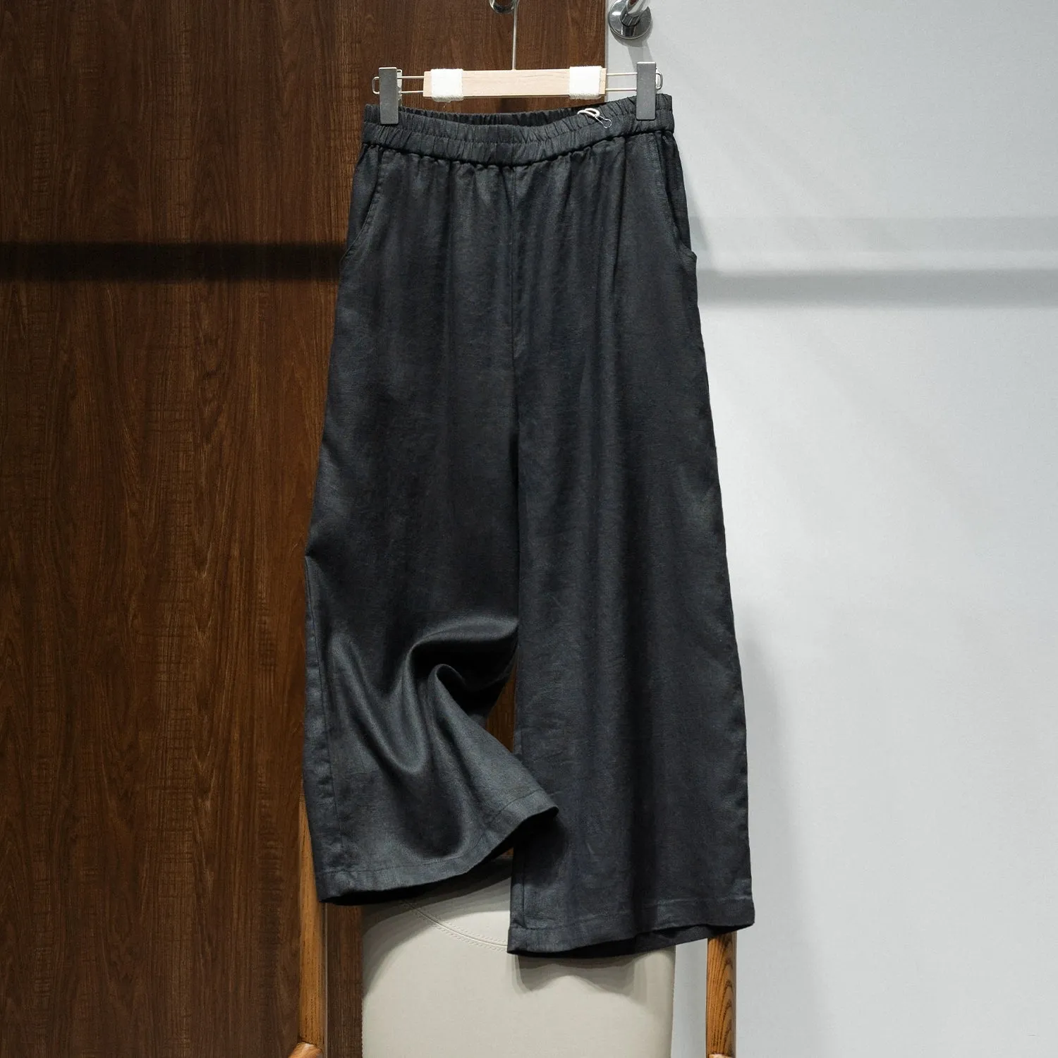 Women High Waist Linen Wide Leg Pants Loose Fit Cropped Trousers