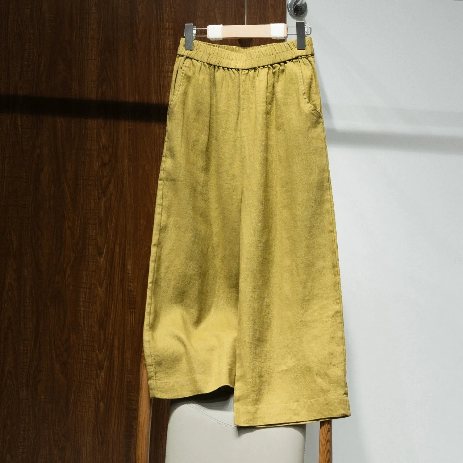 Women High Waist Linen Wide Leg Pants Loose Fit Cropped Trousers