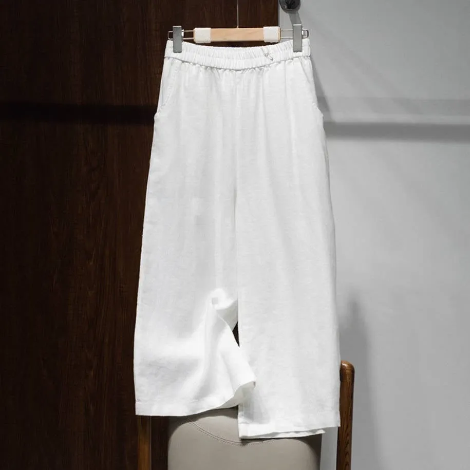 Women High Waist Linen Wide Leg Pants Loose Fit Cropped Trousers