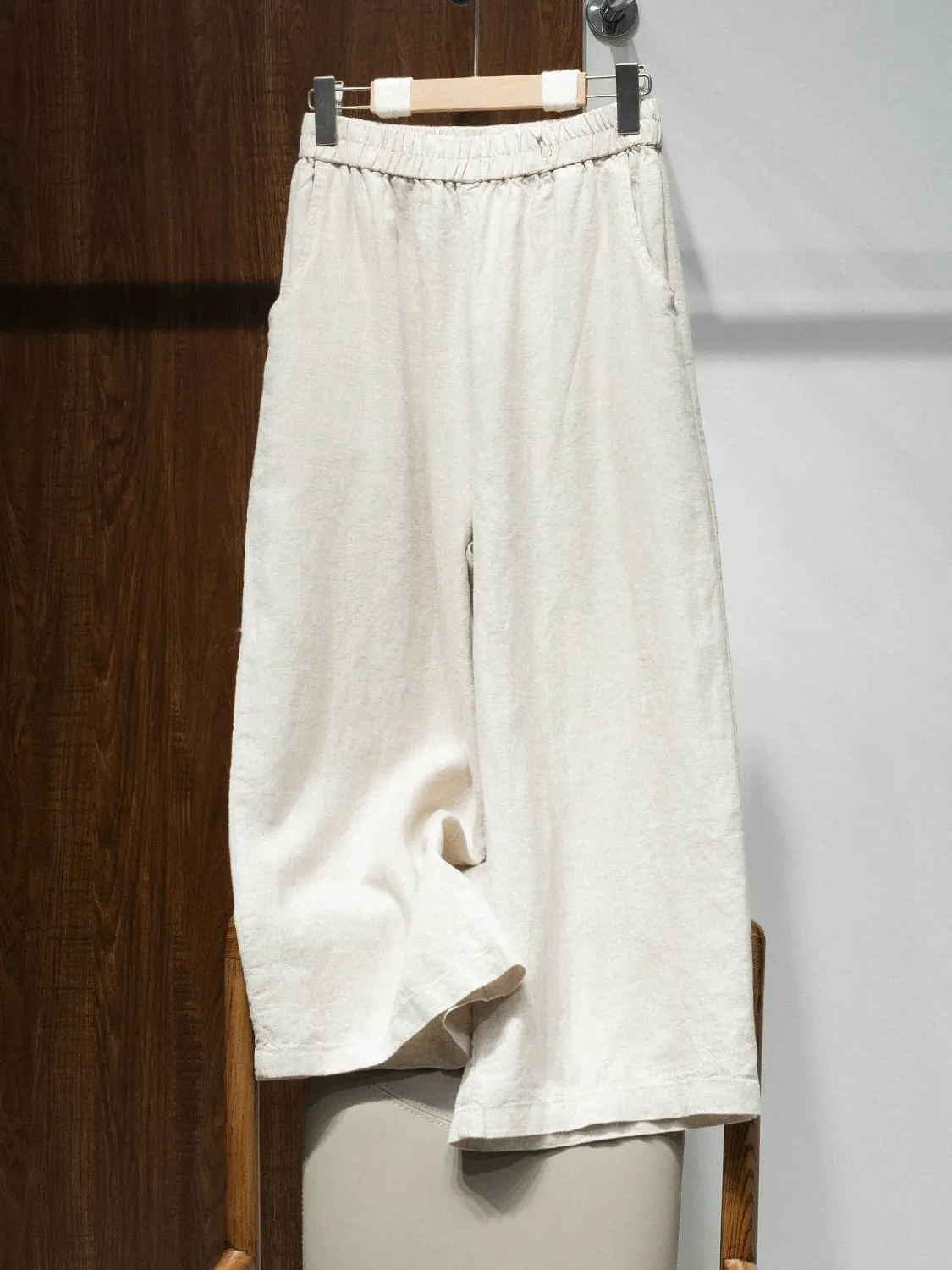 Women High Waist Linen Wide Leg Pants Loose Fit Cropped Trousers
