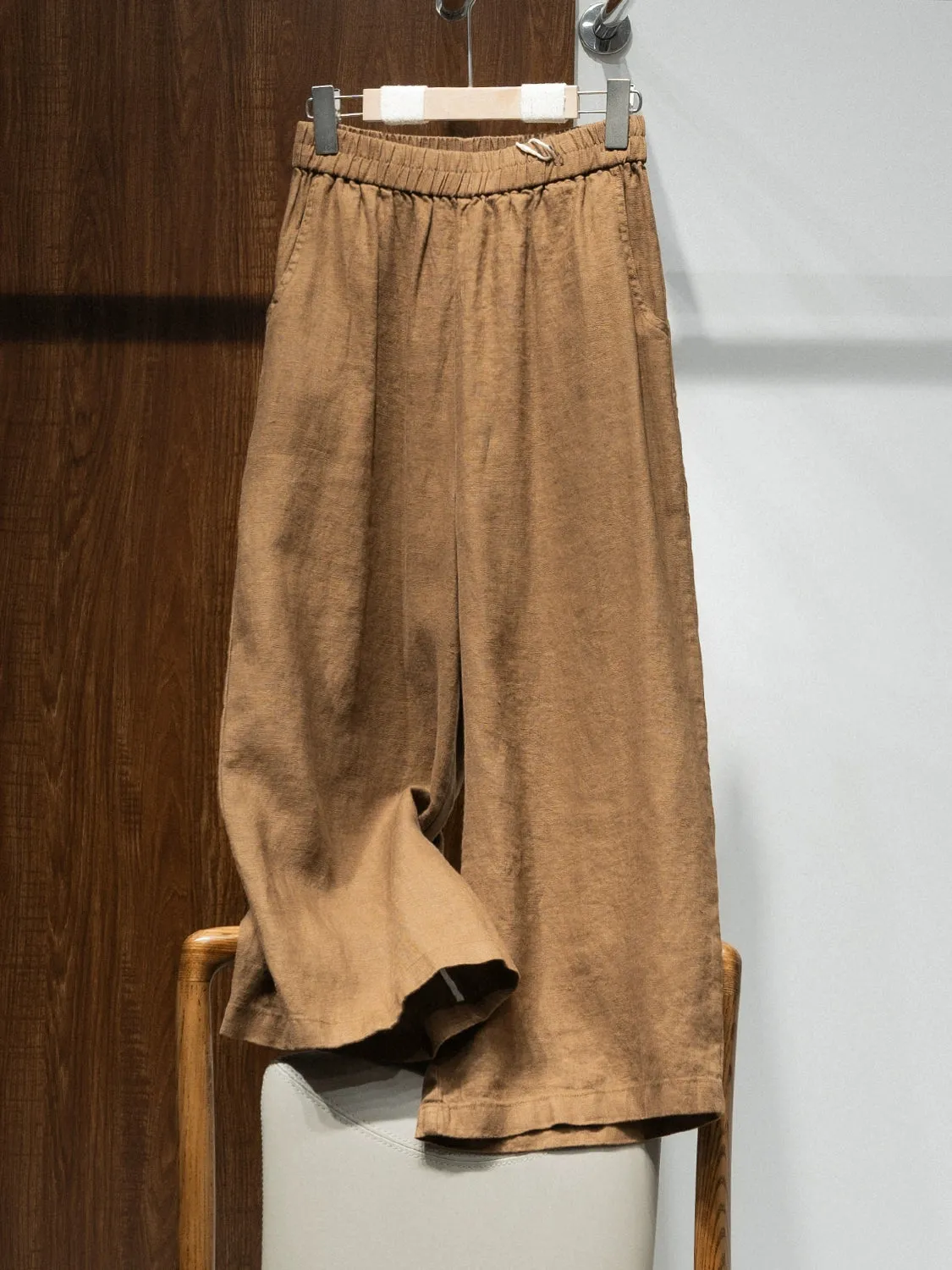 Women High Waist Linen Wide Leg Pants Loose Fit Cropped Trousers