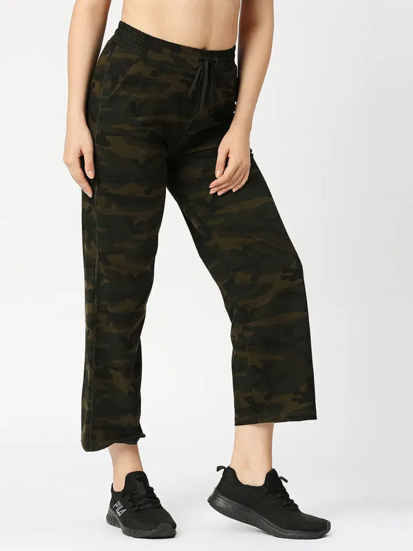 Women Olive Green Camouflage Printed Track Pants & Joggers-FOXY YOGA PANT-CM-OG