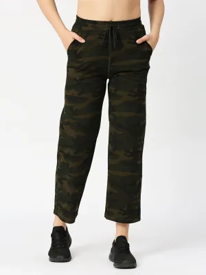 Women Olive Green Camouflage Printed Track Pants & Joggers-FOXY YOGA PANT-CM-OG