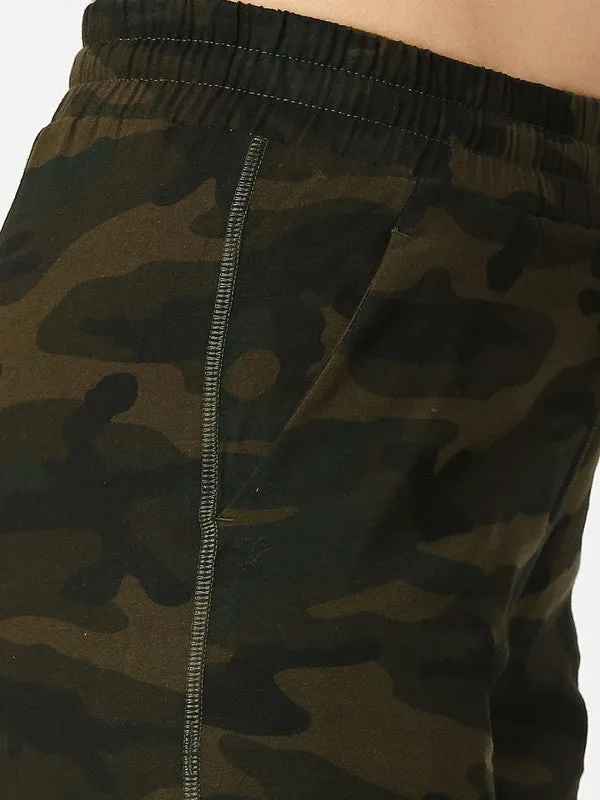 Women Olive Green Camouflage Printed Track Pants & Joggers-FOXY YOGA PANT-CM-OG
