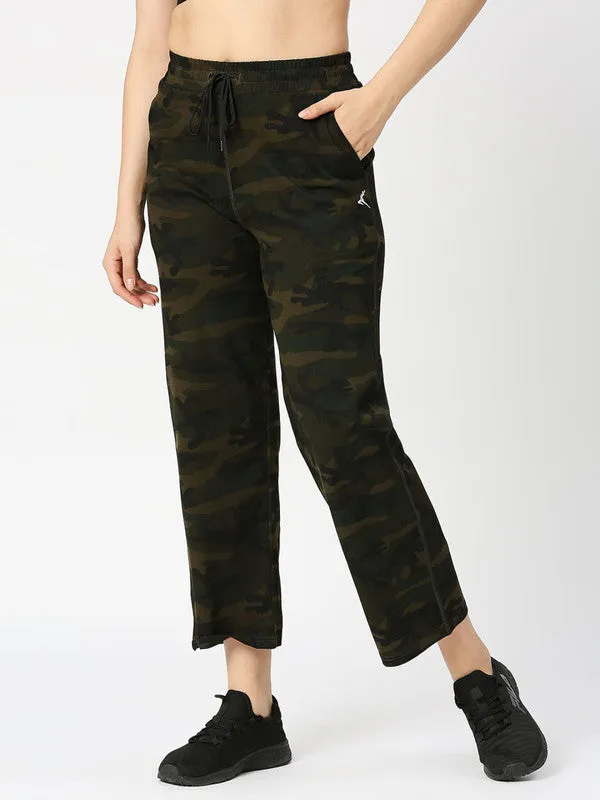 Women Olive Green Camouflage Printed Track Pants & Joggers-FOXY YOGA PANT-CM-OG