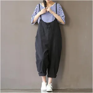 Women Pants Black Beige Color Loose Waist Cross Pants Cotton Trousers Bandage Trousers Rompers Wide Leg Pants