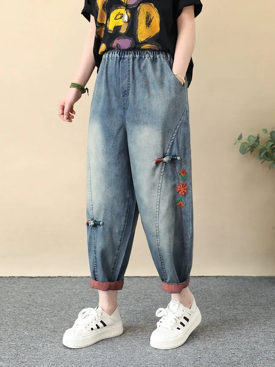 Women Retro Flower Embroidery Denim Harem Pants