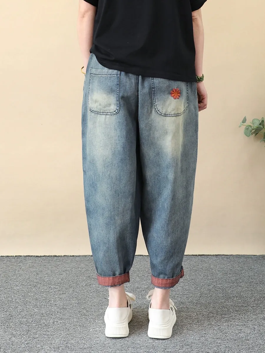 Women Retro Flower Embroidery Denim Harem Pants