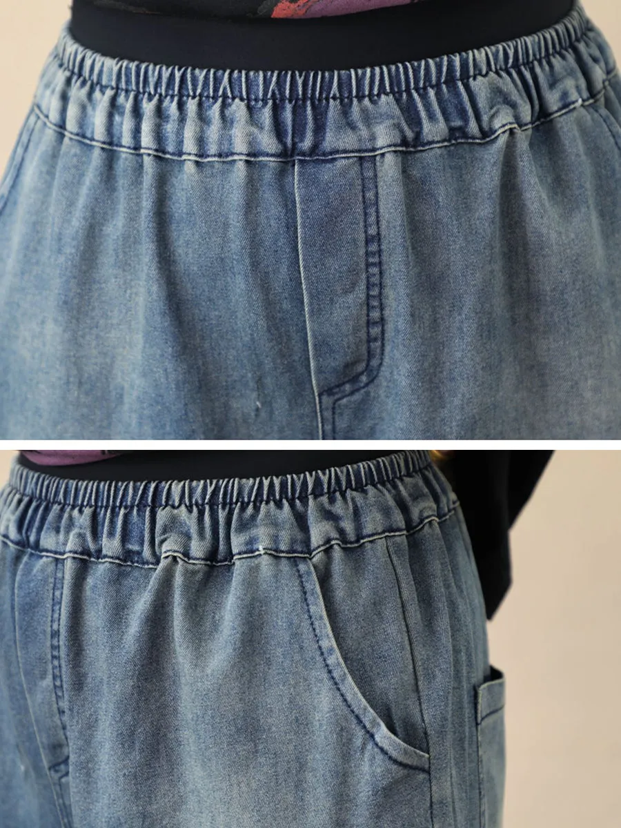 Women Retro Flower Embroidery Denim Harem Pants