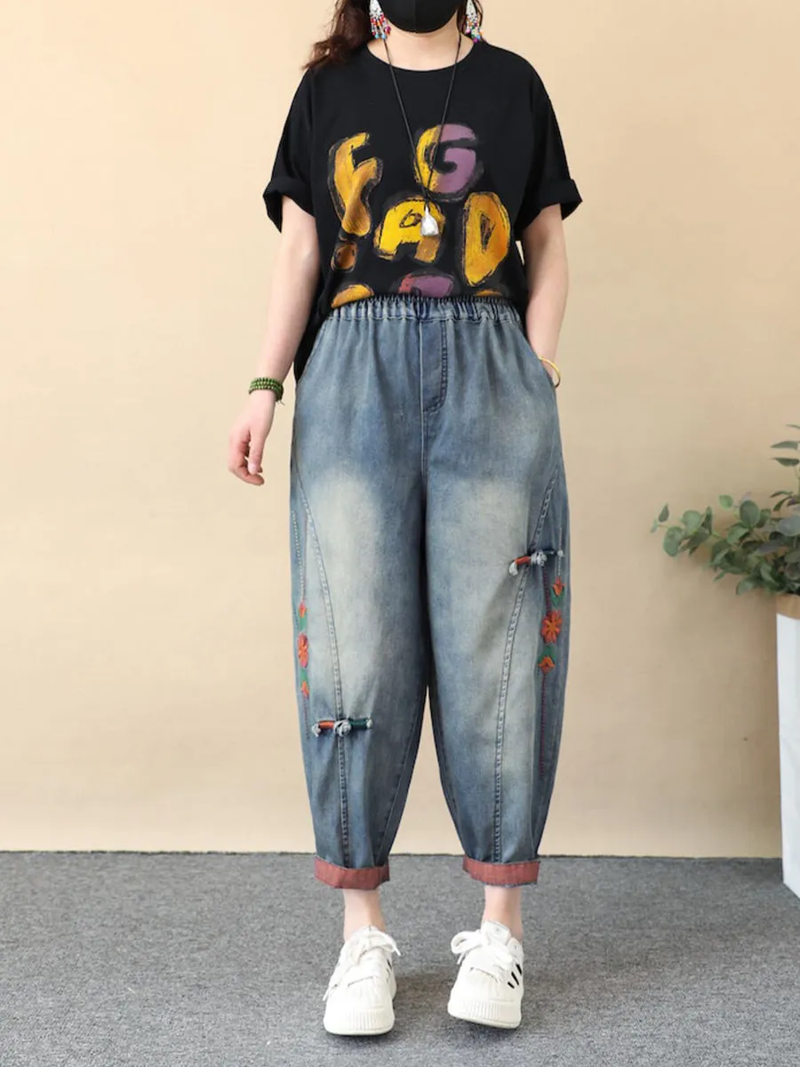 Women Retro Flower Embroidery Denim Harem Pants