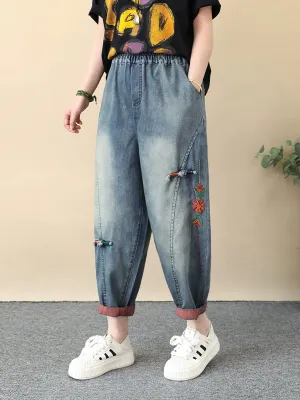 Women Retro Flower Embroidery Denim Harem Pants