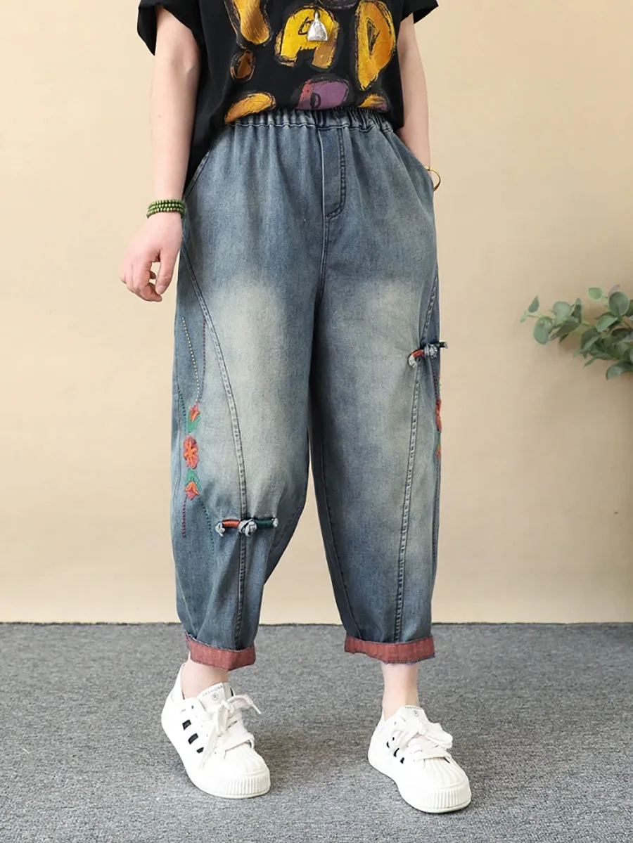 Women Retro Flower Embroidery Denim Harem Pants