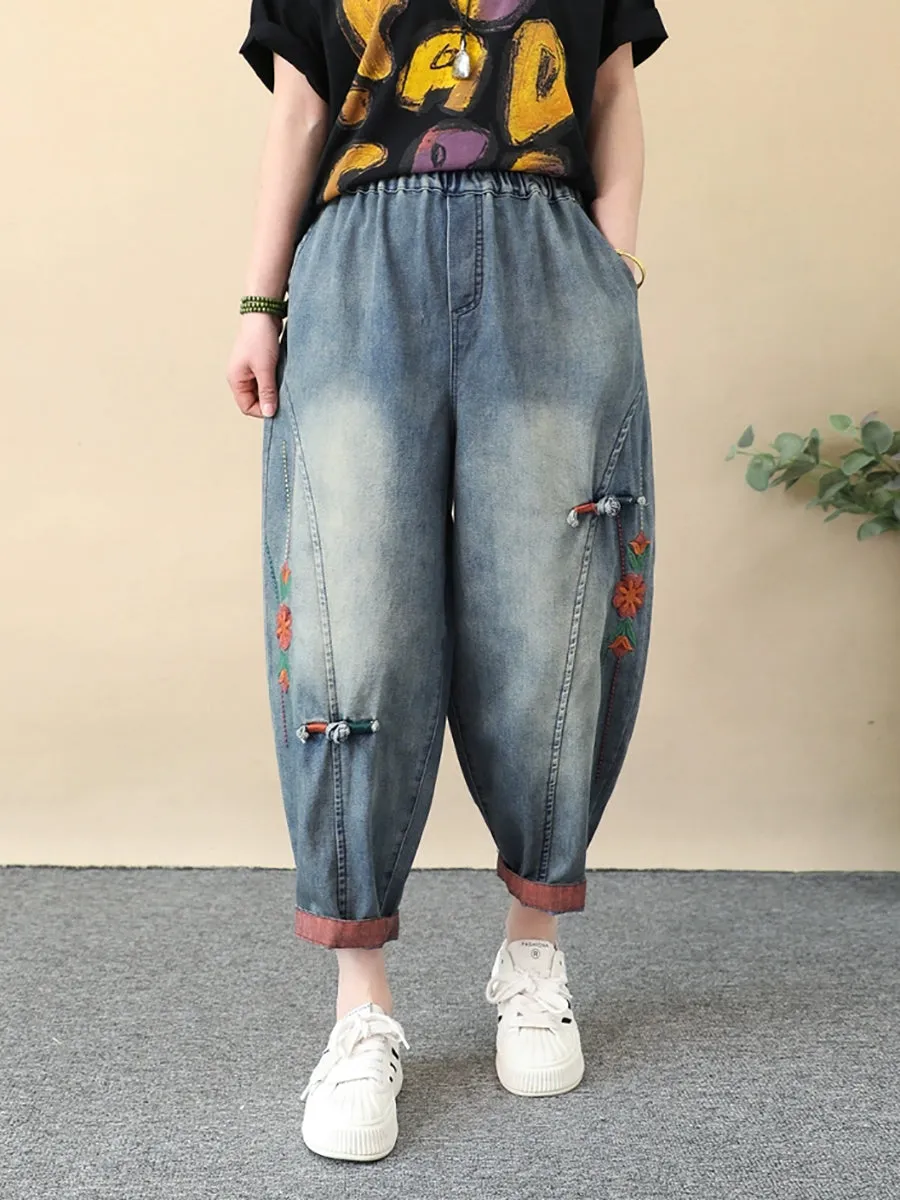 Women Retro Flower Embroidery Denim Harem Pants
